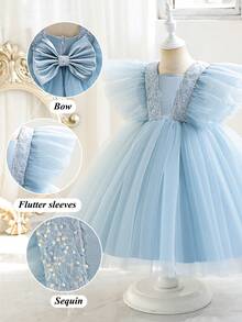 Young Girl Sparkly Bow Mesh Ruffle Sleeve Light Blue Princess Dress, Elegant Tulle Gown, Suitable For Girls Birthday Gift, Party, Wedding, Flower Girl, Holiday Celebration Dress Valentine's Day Thanksgiving Dress - 淺藍色 - 查看 8