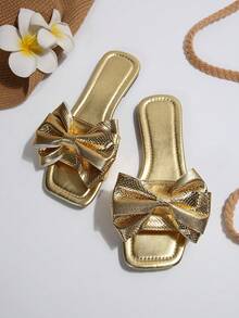 蝴蝶结拖鞋凉鞋，女士时尚沙滩拖鞋户外防滑蝴蝶结一脚蹬凉鞋，适合约会、购物、聚会、派对、宴会、日常外出、居家休闲 - 金色 - 查看 6