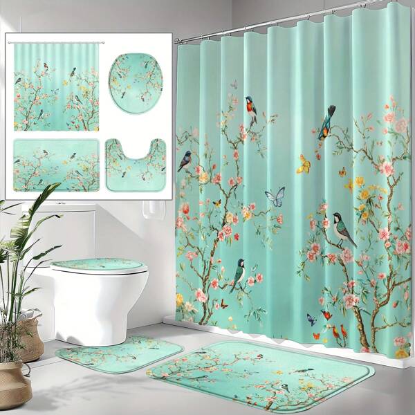 [Retro Floral Shower Curtain Set] 4-Piece Flower, Bird & Butterfly Shower Curtain Set, Machine Washable, Includes 12 Hooks, Anti-Slip Bath Mat, Toilet Lid Cover And U-Shaped Bathroom Carpet, Retro Floral Bathroom Accessory, Suitable For Home And Hotel, Elegant Green Room Decor Bathroom Accessories Back To School