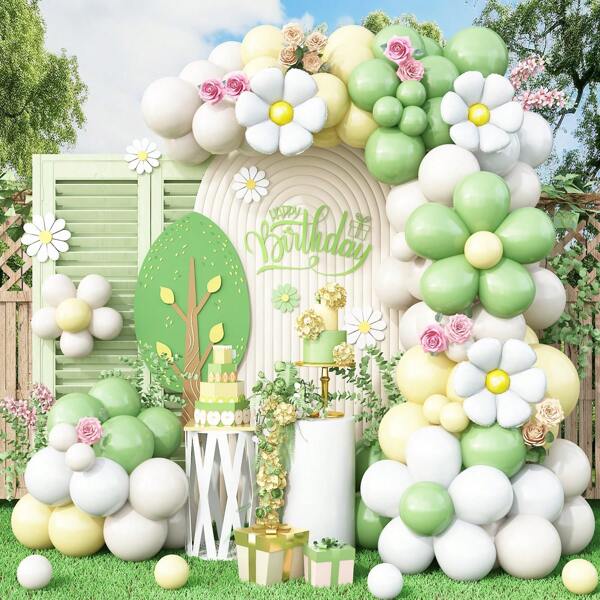 Daisy Balloon Garland Arch Kit,Green Yellow White Boho Balloons Garland Daisy Flower Balloons For Birthday Baby Shower Bridal Wedding Groovy Daisy Party Decorations Summer Gifts Beach Back To School School Supplies Room Decor