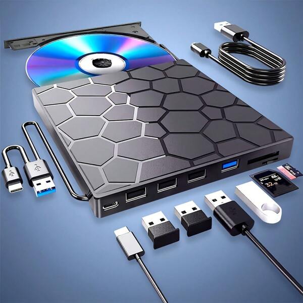 Externer CD/DVD-Laufwerk für Laptop, DVD-Player für Laptop, 8-in-1 USB 3.0 ultraflaches tragbares DVD/CD-Brennerlaufwerk, externer optischer Laufwerksplayer und Brenner kompatibel mit Laptop, Desktop, Windows 11/10/8/7, Linux, CD/VCD/DVD