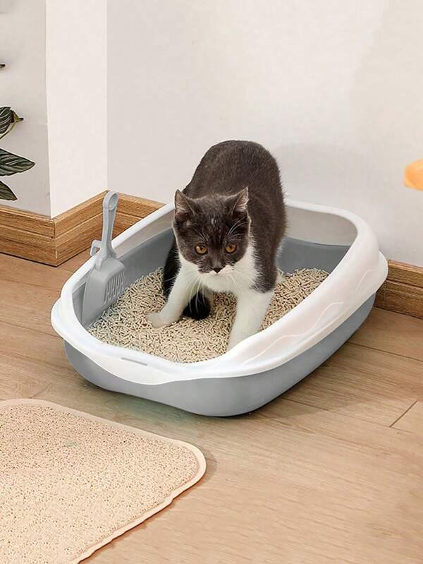 1pc Plastic Partially Enclosed Anti-Splash Square Cat Litter Box/Toilet With Litter Scoop (Color Random) - Suitable For Small Cats