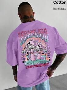 T-shirt da uomo in cotone a coste, stampa a tema funghi, abbigliamento sportivo da uomo in stile college per la primavera e l'estate, top a maniche corte da uomo viola, morbidi e traspiranti.