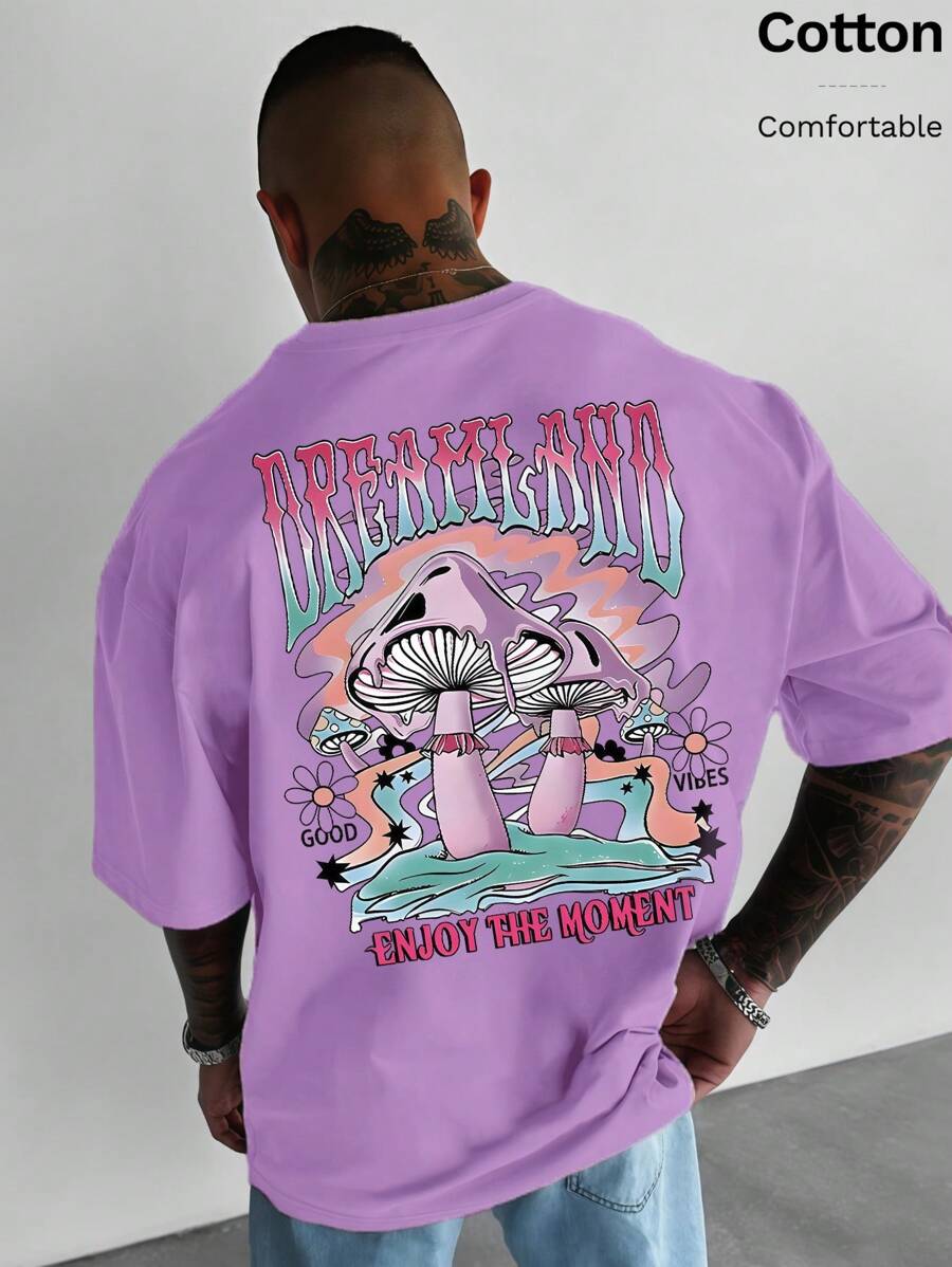 T-shirt da uomo in cotone a coste, stampa a tema funghi, abbigliamento sportivo da uomo in stile college per la primavera e l'estate, top a maniche corte da uomo viola, morbidi e traspiranti.