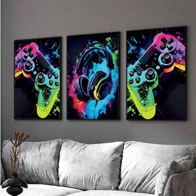 3 piezas Pósteres de lienzo de videojuegos vintage, decoración de pared de arte para habitación de jugador, patrón colorido de auriculares de juego, regalo ideal para dormitorio, sala de estar, pasillo, sin marco DIY
