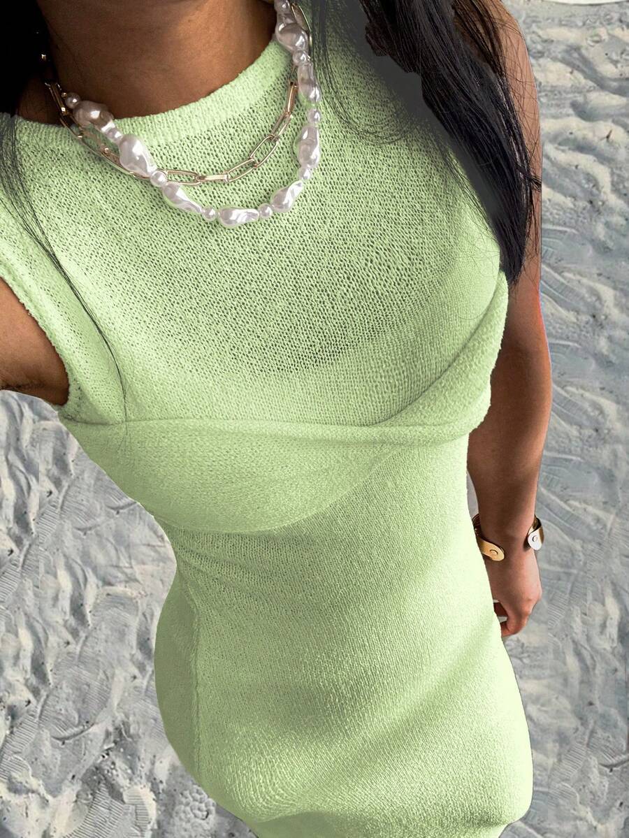 Stil de vacanță pentru femei de vară, culoare uni, sexy, semi-transparente, fără mâneci, tricot strâmt, îmbrăcăminte de plajă, rochii lungi fără mâneci