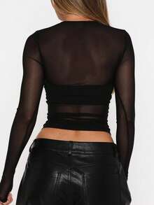 Women's Black Sexy Sheer Round Neck Bodycon Long Sleeve Top - Minimalist & Chic For Casual Outfits - màu đen - Xem 2