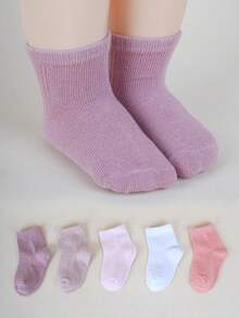 5 đôi tất cổ cao màu trơn có gân cho trẻ em, tất cotton mềm mại, thoáng khí, dài đến giữa bắp chân cho bé trai và bé gái, tất mặc hàng ngày dễ phối đồ. - Nhiều màu - Xem 11