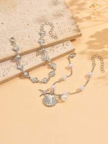 2pcs/Set Beach Vacation Style Metal Alloy Shell, Starfish & Faux Pearl Pendant Bracelet Set, Handmade Versatile Jewelry Suitable For Women's Daily, Beach, Date, Party & Music Festival Wear. The Handmade Chain Length Can Be Customized. - Multicolor - View 8