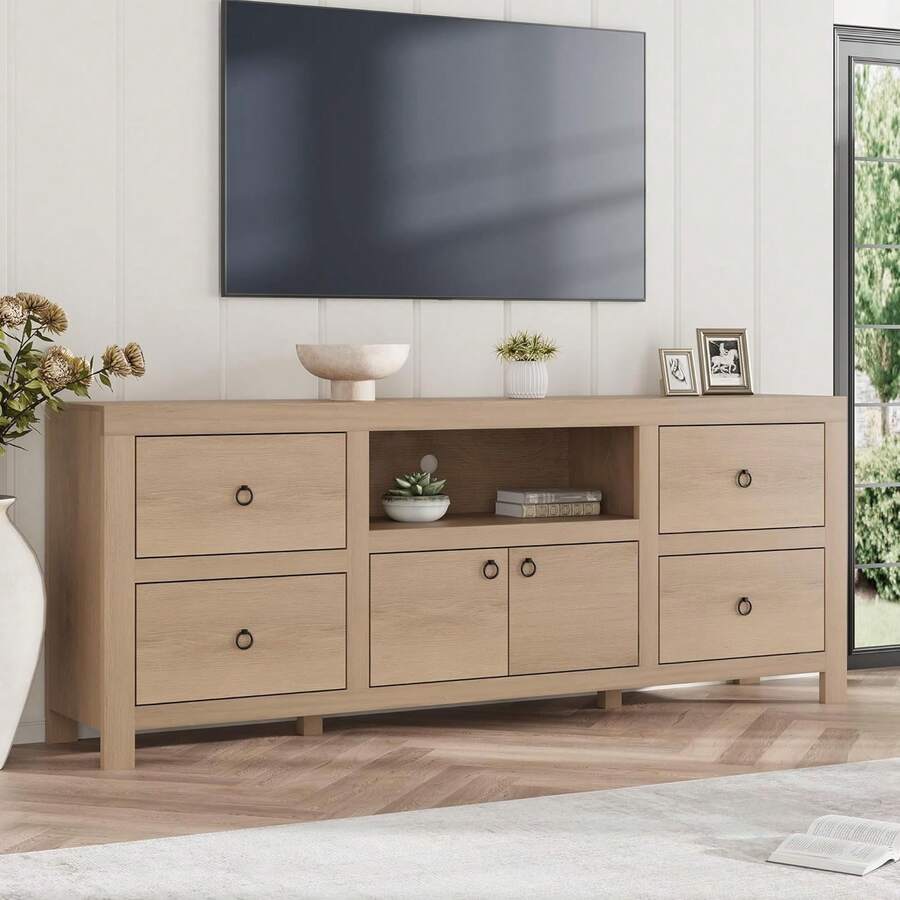 Farmhouse TV Stand For 75/80 Inch TVs, 70" Long Entertainment Center With 6 Storage Drawers & Soundbar Shelf, White Television Consoles Stands For Living Room, Bedroom - 卡其色 - 查看 1