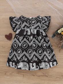 Vestido de verano casual para niñas pequeñas con estampado de elefante de manga corta y estampado floral