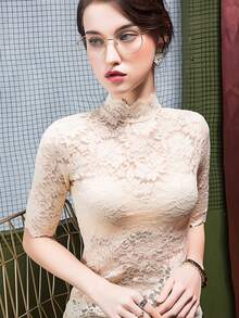 全新夏季女式蕾丝修身立领七分袖优雅衬衫 - 杏色 - 查看 3