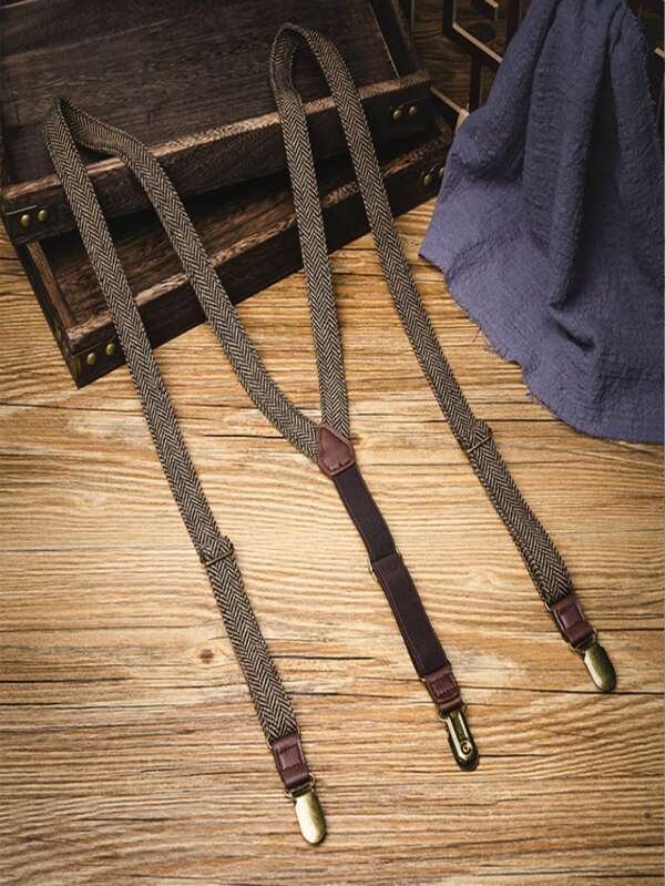 1 Stück Herren Hosenträger Clip Braun Fischgrätmuster Drei Clip Vintage Britisch Rutschfest Hose Träger Verstellbar Mode Accessoire für Anzug und Freizeitkleidung, perfekt für Hochzeiten und formelle Anlässe (Manchmal können sich an den Übergängen lose Fäden befinden, die mit einem Feuerzeug oder einer Schere gekürzt werden können. Dies ist normal und unvermeidbar aufgrund der Produktionsprozesse)