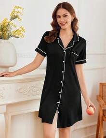 Nightgowns Women Button Down Sleepshirt Short Sleeve Nightshirt Boyfriend Nightdress S-