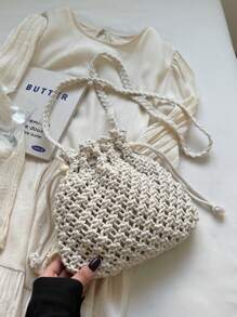1pc Hollow Weaved Bucket Crossbody Bag, Women New Small Woven Bag, Unique Beach Vacation Style Shoulder Bag, Fashion Chic Envelope Bag