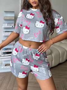Sanrio 2pcs Hello Kitty Print Women's Short Sleeve Crop Top + Drawstring Shorts Pajama Set