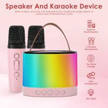 EIGIIS Mini chaîne stéréo de bureau avec microphones sans fil, 5 effets lumineux à LED, enceinte karaoké Bluetooth, microphone portable Bluetooth avec changeur de voix, mini machine à karaoké, cadeau parfait pour l'anniversaire et la famille