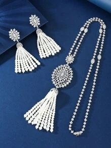 Juego de collar y aretes con 2 piezas, borlas de circonita cúbica plateada y perla, diseño elegante apropiado para que las mujeres lo usen en fiestas de noche, bodas