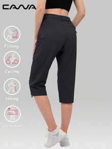 Cavva 女式防水七分裤透气速干轻便柔软中腰弹性侧边可调节袖口 5 个安全口袋徒步裤露营休闲 - 黑色 - 查看 3