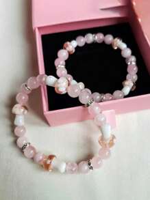 1 pieza Pulsera con diseño de hongo rosa dulce y fresco hecho de cuentas naturales, con decoración de rhinestones, para damas, uso diario y fiestas