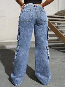 Flap Pocket Side Cargo Denim Jeans Simple Fashionable Daily Casual