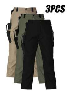 3Pack Men's Solid & Camo Print Pockets Zipper Waterproof Tactical Cargo Pants Without Belt, Regular Fit Sporty Pockets Durability Trousers For Fall, Wear-Resistant Outdoor Training Pant For Men - Kaki + Xanh lá + Đen - Xem 2