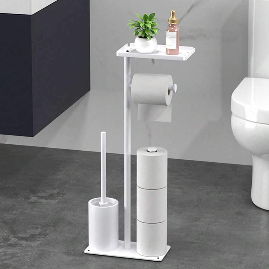 1 pezzo Portarotolo di carta igienica in ferro da appoggio con vassoio di stoccaggio e slot per telefono - montaggio autoadesivo, supporto antitippo per rotoli di carta igienica, accessori per il bagno, organizer per il bagno, di ritorno a scuola