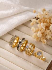 4/5 Pieces Fashionable And Exquisite Stainless Steel Ring 18k Gold Plated With Diamonds Round Square Ring Suitable For Women'S Daily Wear Dating Play Wedding Engagement Holiday Gift Jewellery