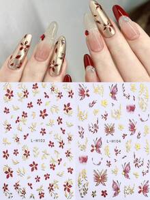 2 件盛开的花朵蝴蝶指甲贴纸金属红金色花朵法式美甲装饰指甲贴花粘性 DIY 贴纸适合女士女孩日式指甲艺术