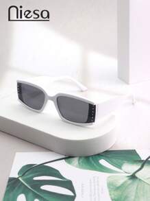 Modische rechteckige Kristall besetzte Gläser hochwertige Damenbrille, vielseitiges lässiges Strandreise Accessoire, einfarbig, PC (Polycarbonat) legere Mode für Frauen, ganzjähriger Preppy-Stil für den Schulanfang rechteckiger Strass-Dekor