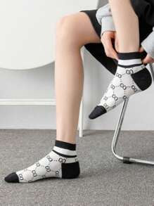 5 Pairs Women Short Socks With Striped Letter Pattern, Multi-Color, Simple, Contrasting Color, Sporty, Fashion, Versatile, Spring/Summer