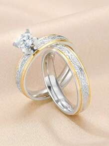 2pcs Stainless Steel Couple Rings, Fashionable European And American Style Diamond Rings, Sandblasted Stainless Steel Rings With Cubic Zirconia, Wedding Rings, Valentine's Day Gifts