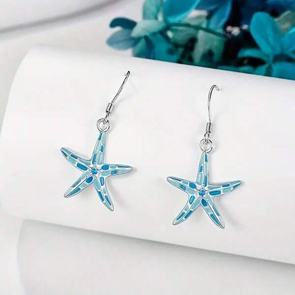 1 paire de boucles d'oreilles à pendants avec étoile de mer bleue, style vacances d'été pour femmes et filles. Convient pour les fêtes, les cadeaux et le port quotidien