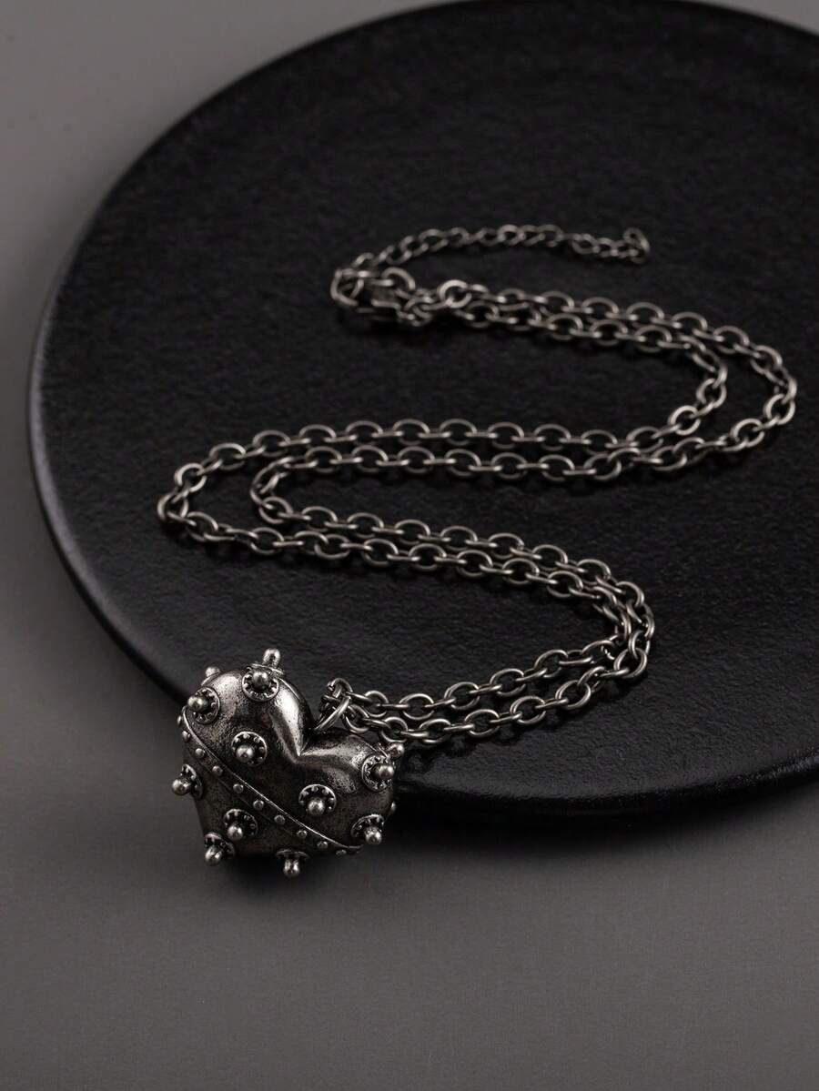 1pc Unique Punk Style Stainless Steel Silver-Tone 3D Rivet Heart Pendant Necklace, Men's Party Accessory Choice - Heart - View 1