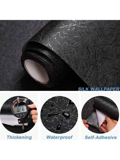 Roll Zwart Imitation Zijden Home Self Adhesive Peel Stick Wand Paper, Room Bedroom ,Living ,Kitchen Cabinets Stickers, Thicken Removable Contact Paper Countertops Furniture Renovation Wallpaper view 2