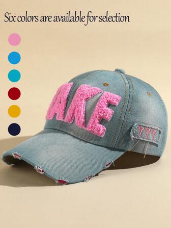 1pc Women's Contrast Stitched Letter Design Distressed Denim Baseball Cap, Fashionable For Daily Use