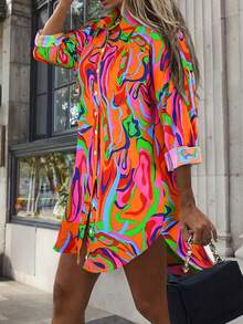 女士时尚长袖衬衫裙，鲜艳印花，海滩度假罩衫，度假沙滩装 - 彩色 - 查看 7