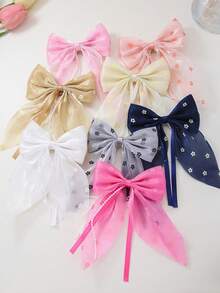8pcs/Set Girls Floral Print Mesh Beaded Ribbon Chiffon Bowknot Hair Clips, Hair Accessories For Daily Use - Multicolor - View 6