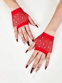 1 Pair Rhinestone Mesh Decor Fuchsia Party Gloves