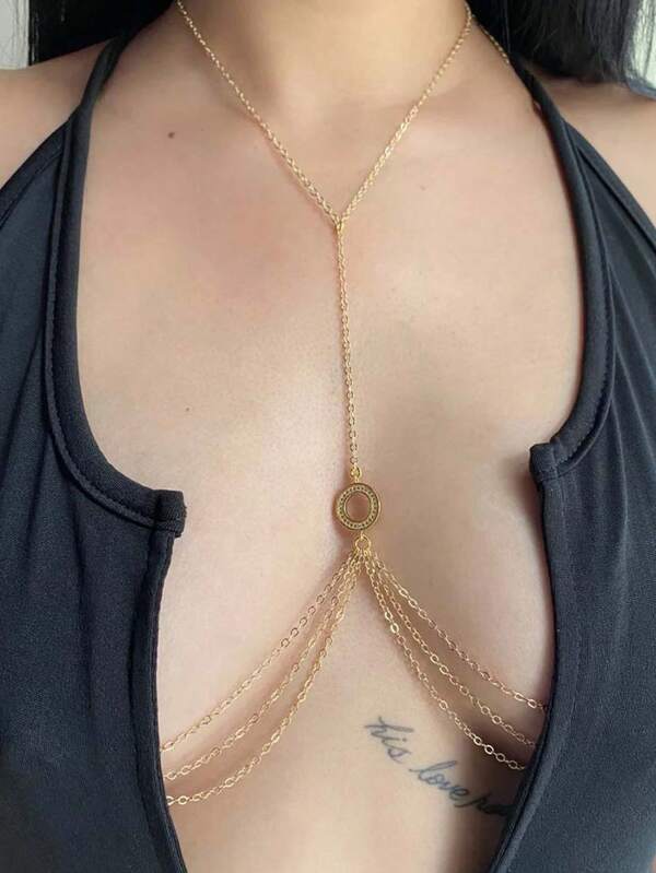 1pc New Arrival Rhinestone Round Sexy Chest Chain, European&American Bikini Crystal Breast Chain, Body Jewelry For Women