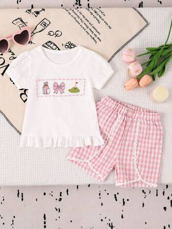 Baby Girl Summer Outfit: Butterfly Embroidery Blouse + Pink Plaid Shorts, Charming & Adorable, Must-Have Baby Clothing For Summer
