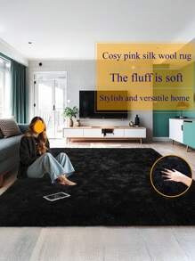 1 pieza Alfombra de área rectangular negra de lujo con pelo largo, estilo nórdico minimalista para sala de estar o dormitorio, alfombra suave y cómoda de moda adecuada para uso en interiores en todas las estaciones.