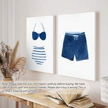 2 件/套无框水彩复古风格泳衣艺术帆布画，海军蓝和白色泳衣艺术，海滨别墅装饰，湖畔别墅墙壁艺术，儿童房装饰，海报，墙壁艺术，房间装饰用品，沿海装饰墙壁艺术 - 彩色 - 查看 13