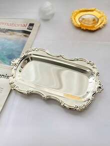 1pc Luxury Carved Oval Metal Tray, Elegant Gold & Silver Detailing, Suitable As Decor Or Storage, Ideal For Holiday Parties, Kitchen, Living Room, Wedding, Anniversary, Exhibition, Candlelight Dinner, Bar, Home Decor - Multicolor - View 14