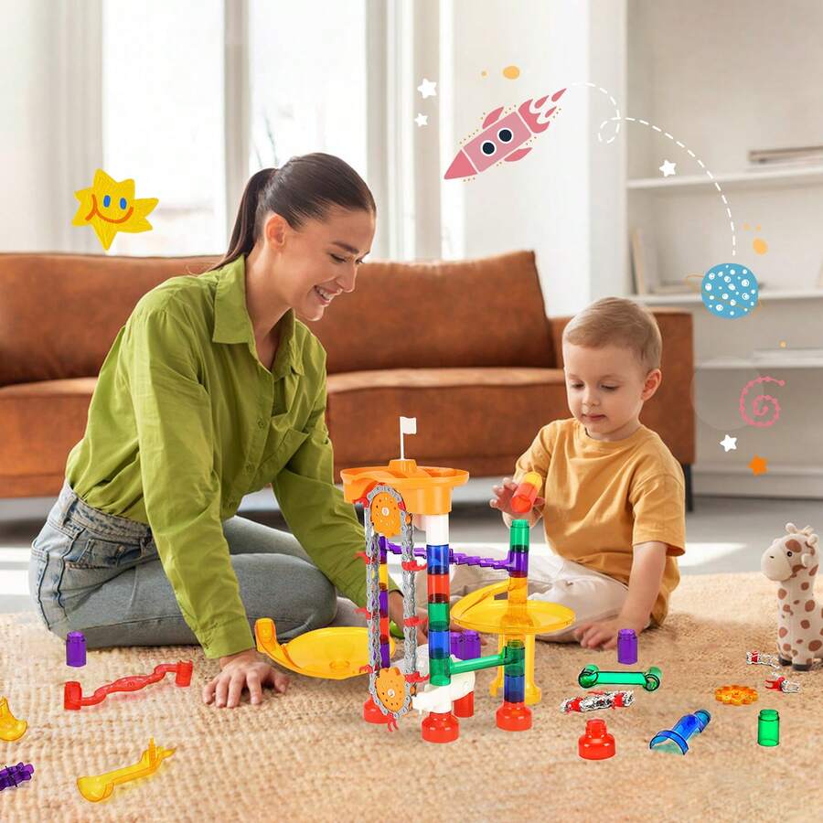 Marble Run Set, 153 PCS With Motorized Elevator, With 30 Plastic Marbles, Marble Maze Building Block Brain Game, Educational Learning Race Track STEM Toys, For Kids, Boys, Girls Ages 3 + Years - 153 PCS - View 1