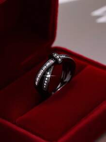 1 pieza Anillo de zirconia cuadrado elegante y brillante con diseño de cruce, diseño clásico para damas, apropiado para citas, propuestas, bodas y ocasiones casuales