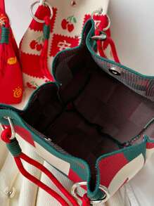 1pc Multicolor Geometric Pattern Knitted Handbag, Women Portable Foldable Dual Handle Small Tote Bag With Magnetic Closure, Suitable For Commuting, Vacation, Beach, Shopping