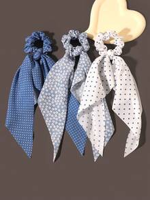 3件套蓝色波点格纹披肩围巾头巾发带发饰，休闲波西米亚复古宫廷风派对可爱风，涤纶材质，四季皆宜，可扎马尾辫 - 藍色 - 查看 2