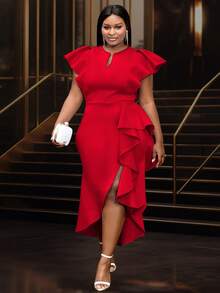 大码春季复活节新娘时尚短袖开衩荷叶边连衣裙，适合婚礼、婚礼宾客、新娘送礼会、单身派对、度假、生日、毕业典礼、正式晚宴、返校季及其他场合。 - 紅色 - 查看 2