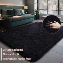 1 pieza Alfombra de área rectangular negra de lujo con pelo largo, estilo nórdico minimalista para sala de estar o dormitorio, alfombra suave y cómoda de moda adecuada para uso en interiores en todas las estaciones.